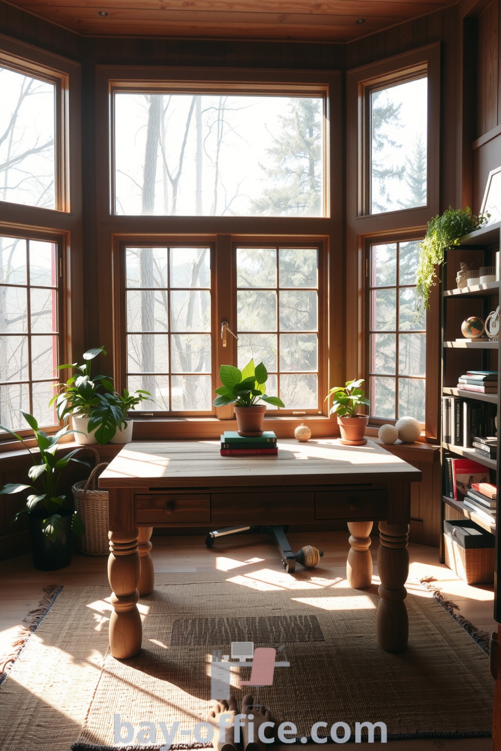 A serene indoor home office featuring wooden-framed windows, a reclaimed wood desk, potted plants, and cozy decor. This tranquil space is designed to inspire productivity and creativity, perfect for anyone seeking a cozy aesthetic while working from home. For more ideas, visit bay-office.com.
