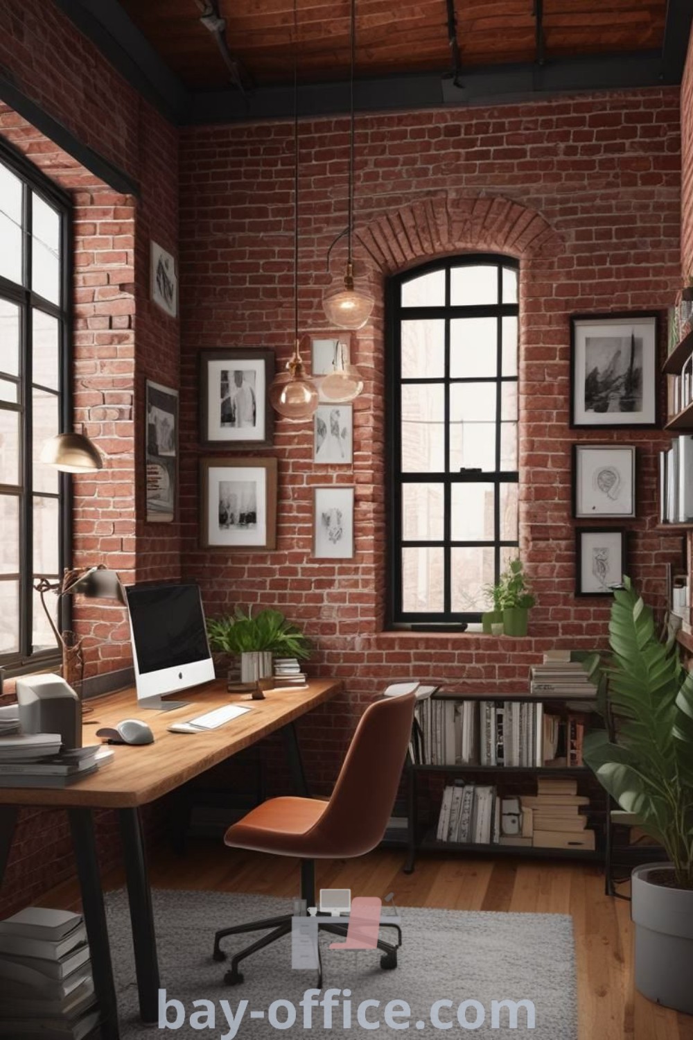 Home office with brick walls, a computer desk, and bookshelves, showcasing an edgy and rustic loft aesthetic. Perfect for inspiring productivity, offering ideas you need to see for house or apartment designs. Find more inspiration at bay-office.com.