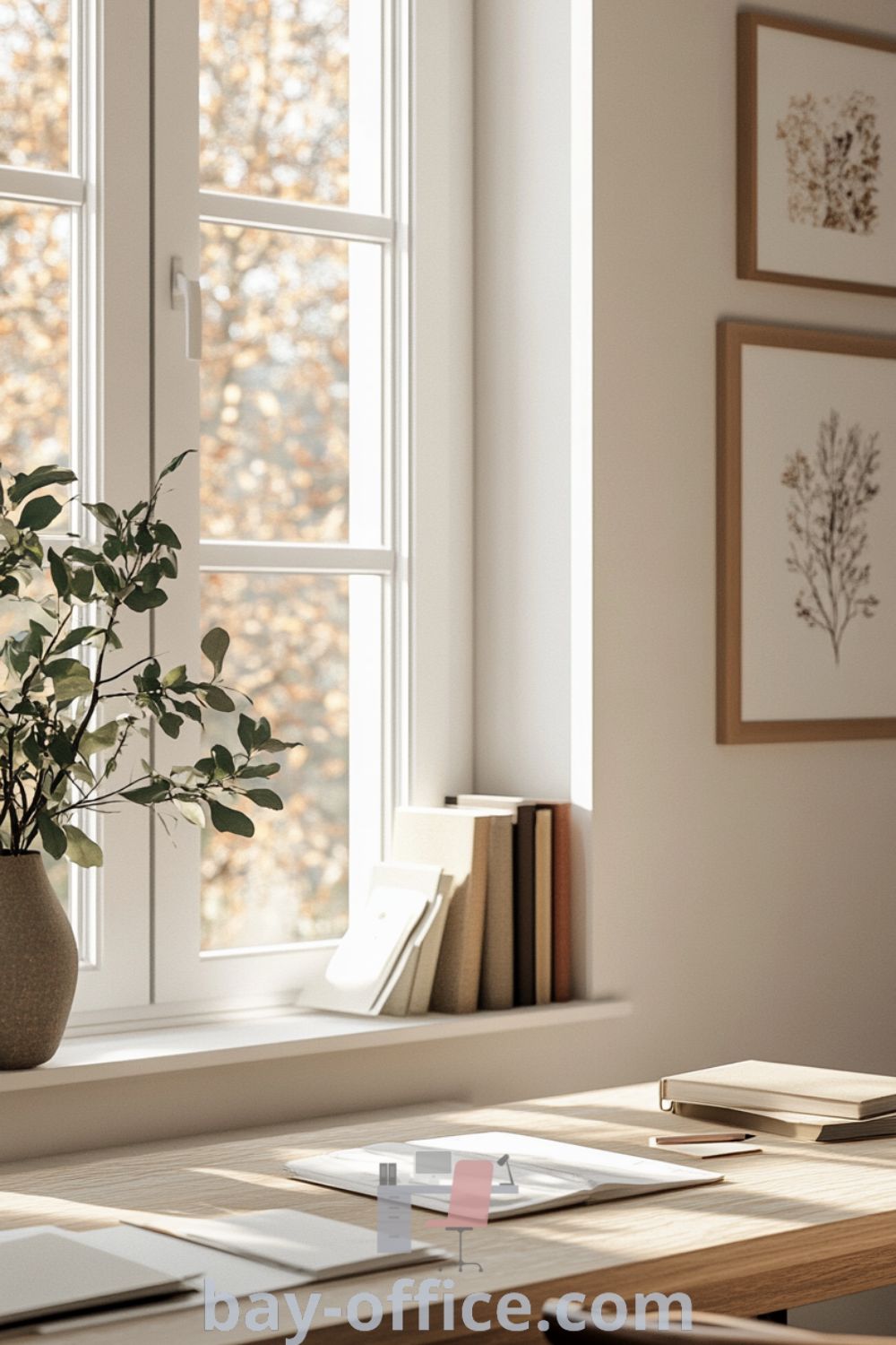 Scandinavian home office featuring soft white walls, organic wood furnishings, natural light, scattered notebooks, and a modest plant. This cozy aesthetic offers design tips for creating a serene workspace that doubles as an inspiring setting for productivity. Discover more ideas at bay-office.com.