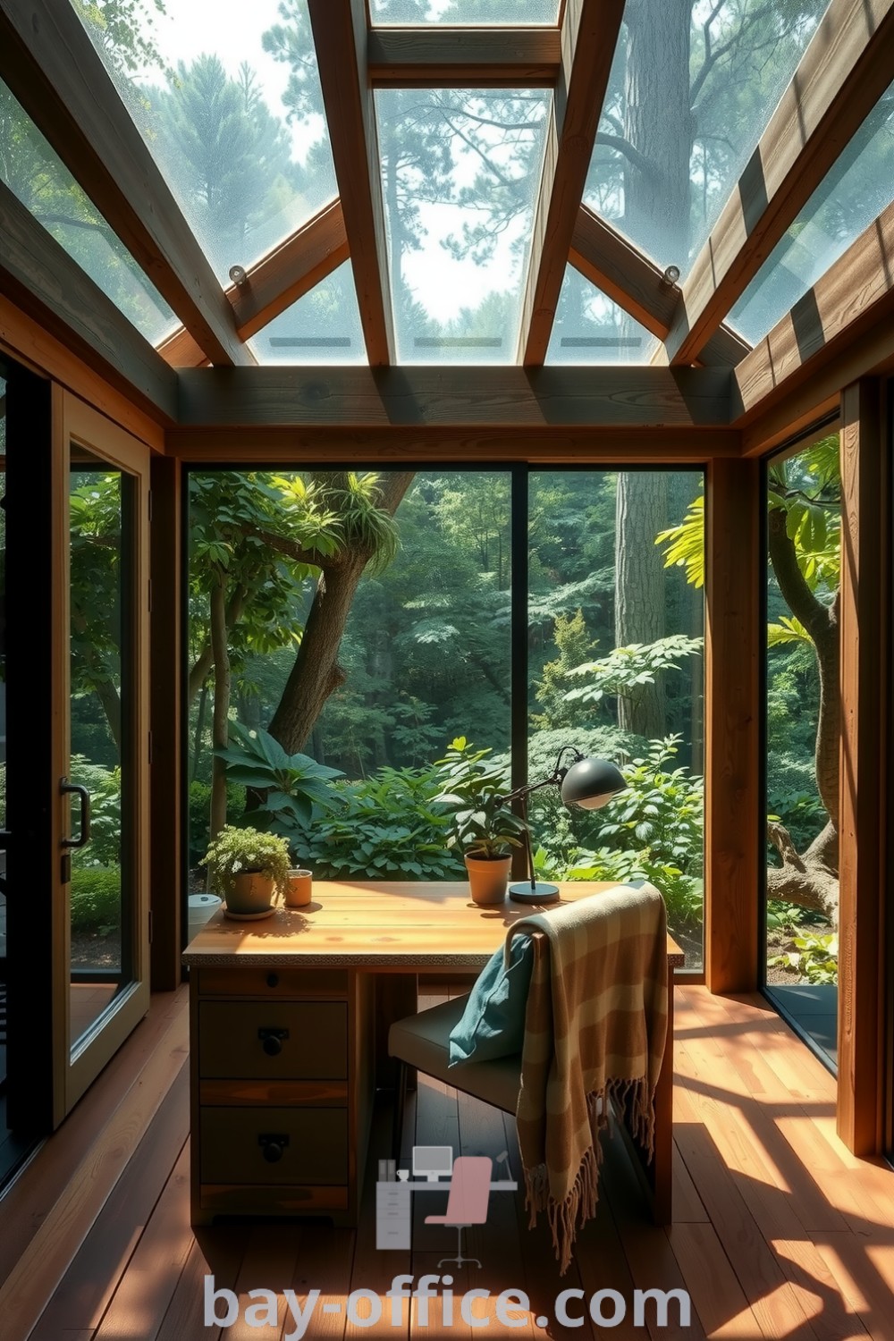 Nature-inspired home office featuring weathered wooden beams, large glass doors, and a reclaimed wood desk surrounded by greenery, creating a cozy and tranquil workspace. Discover inspiring decor ideas for small spaces and tips to enhance productivity at bay-office.com.
