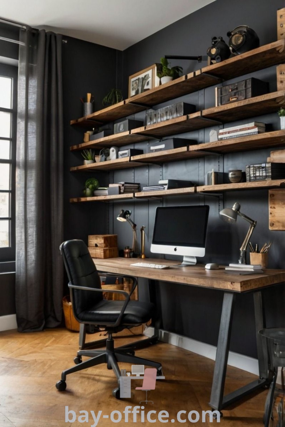 Industrial rustic home office design with black walls and wooden shelves, showcasing industrial office desks and rustic decor ideas. Perfect for inspiring productivity and creating a cozy workspace. Explore more design tips at bay-office.com.