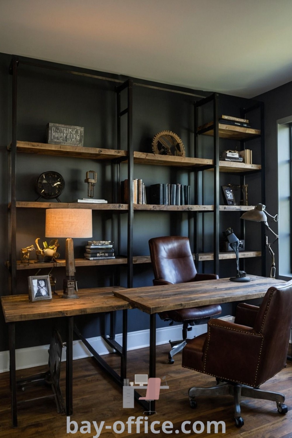 Rustic industrial office setup with black walls and wooden shelves, showcasing design tips for enhancing productivity at home. Discover cozy aesthetic ideas and inspiring decor suggestions for small spaces at bay-office.com.