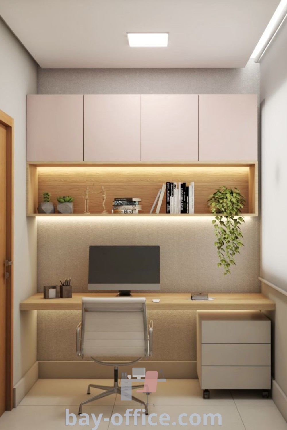 L shaped home office featuring a desk, computer monitor, and bookshelf, offering stylish decor ideas for small spaces and inspiring productivity. Discover best practices and design tips for creating your perfect workspace at bay-office.com.