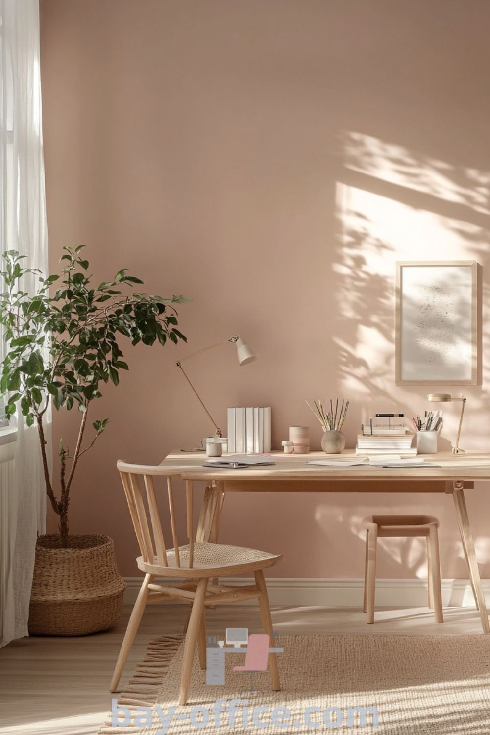 Scandinavian home office with soft pink walls, light wood furniture, and a cozy reading nook illuminated by natural light, designed to inspire creativity and focus. Discover design ideas that make you love working from home at bay-office.com.