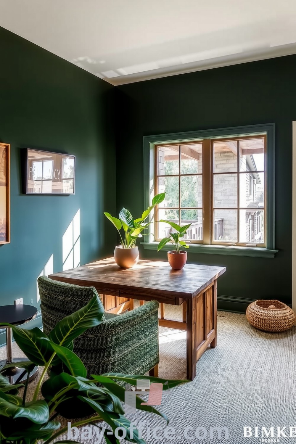 Cozy home office with deep green walls, reclaimed timber desk, and indoor plants, designed to inspire productivity and relaxation. A perfect blend of nature and comfort for any house or apartment. Discover more design tips at bay-office.com.