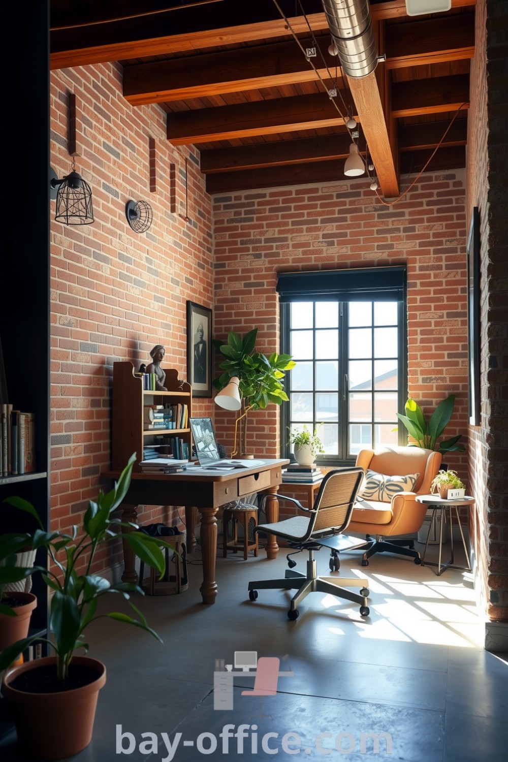 Rustic home office featuring exposed brick walls, wooden beams, a reclaimed wood desk by a large window, and cozy decor, ideal for inspiring productivity and comfort. Explore design ideas and tips at bay-office.com.