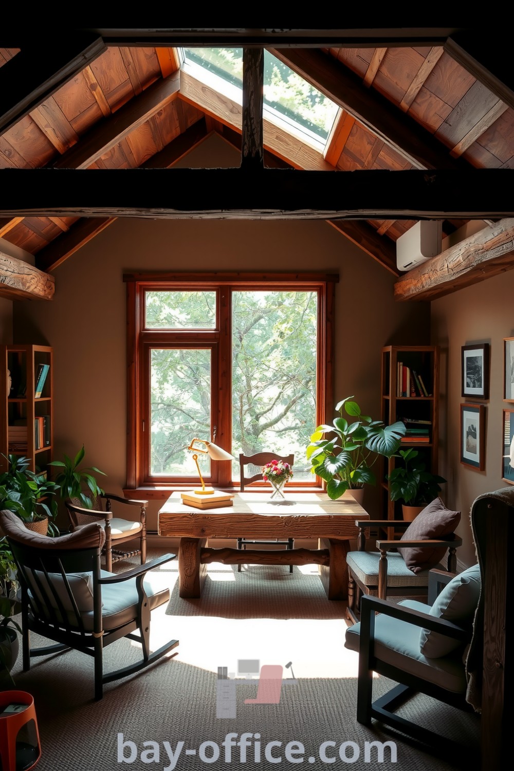 Cozy home office featuring reclaimed wood beams, a large window with greenery, and a sturdy handmade desk surrounded by plants. The inviting atmosphere promotes productivity and relaxation. Discover more decor ideas at bay-office.com.