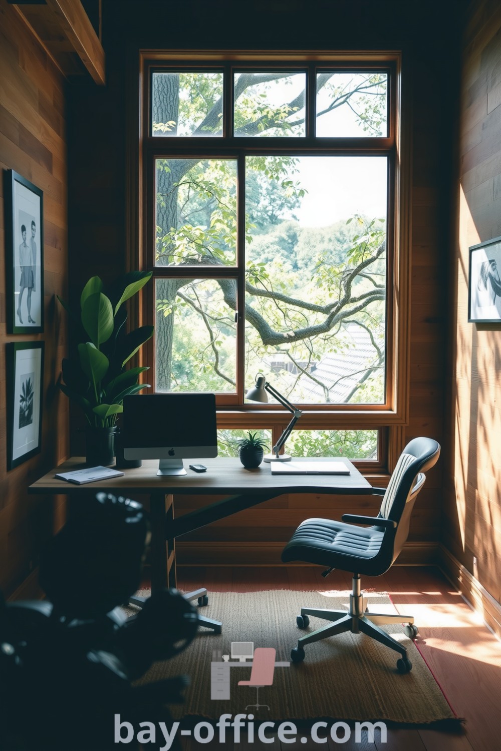 Cozy nature-inspired home office with warm wooden accents, green plants, and a large window offering outdoor views. Rustic desk and comfortable chair create an inviting atmosphere for productivity. Discover design ideas that will inspire you at bay-office.com.