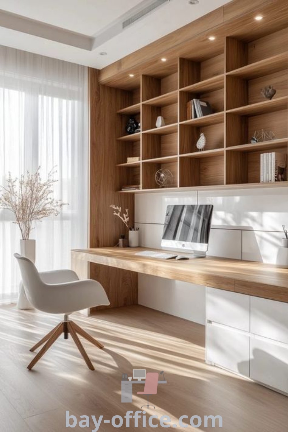 Modern home office with wooden shelves and shelving units, featuring a white chair. Discover modern office shelving, fitted home office ideas, and stylish desk shelf inspirations that will enhance your productivity and create an inviting workspace at bay-office.com.