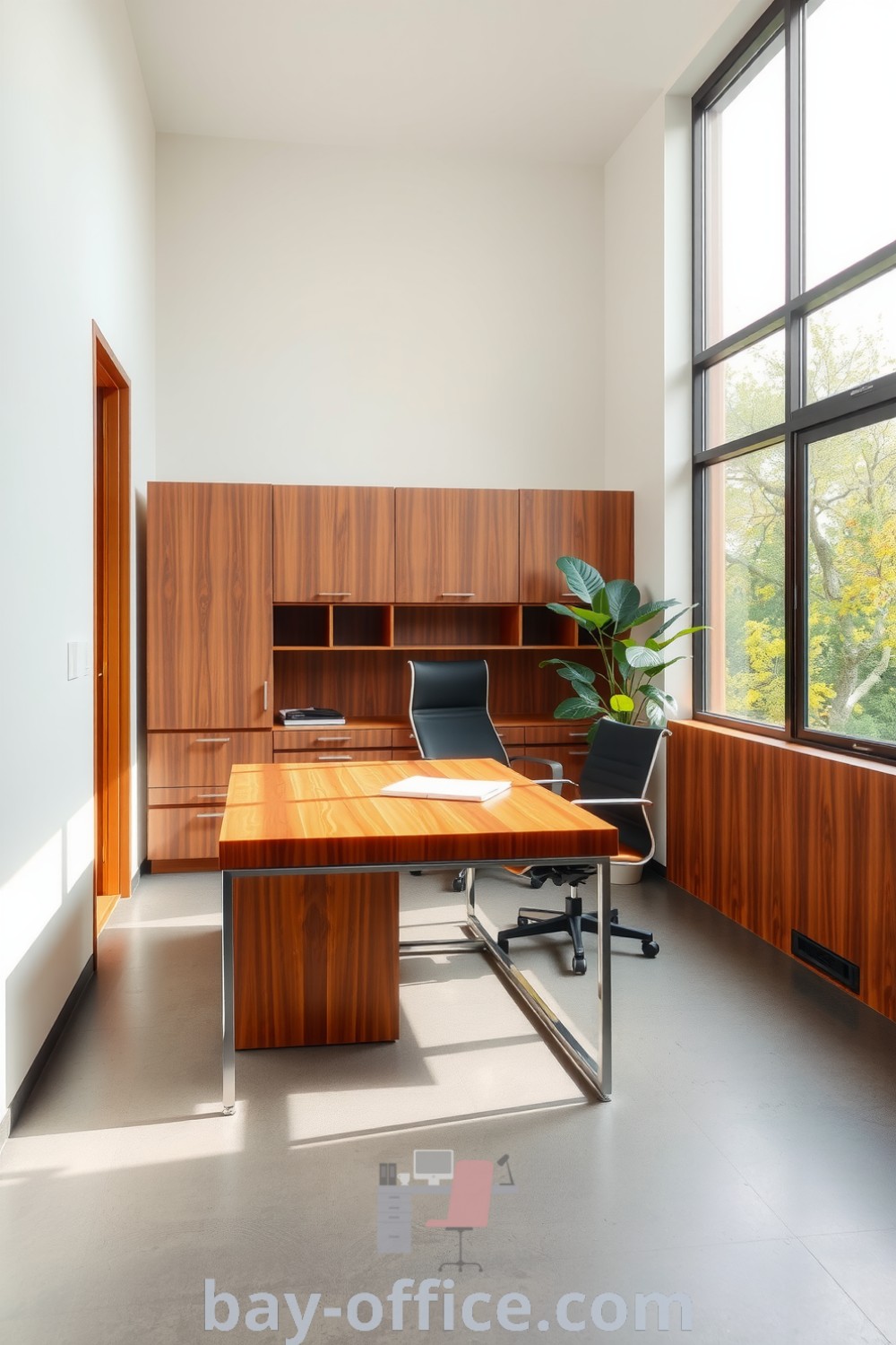 Warm minimalist corporate office featuring wooden accents, natural light, ergonomic furniture, and subtle greenery designed to inspire productivity and comfort. Explore more ideas at bay-office.com.