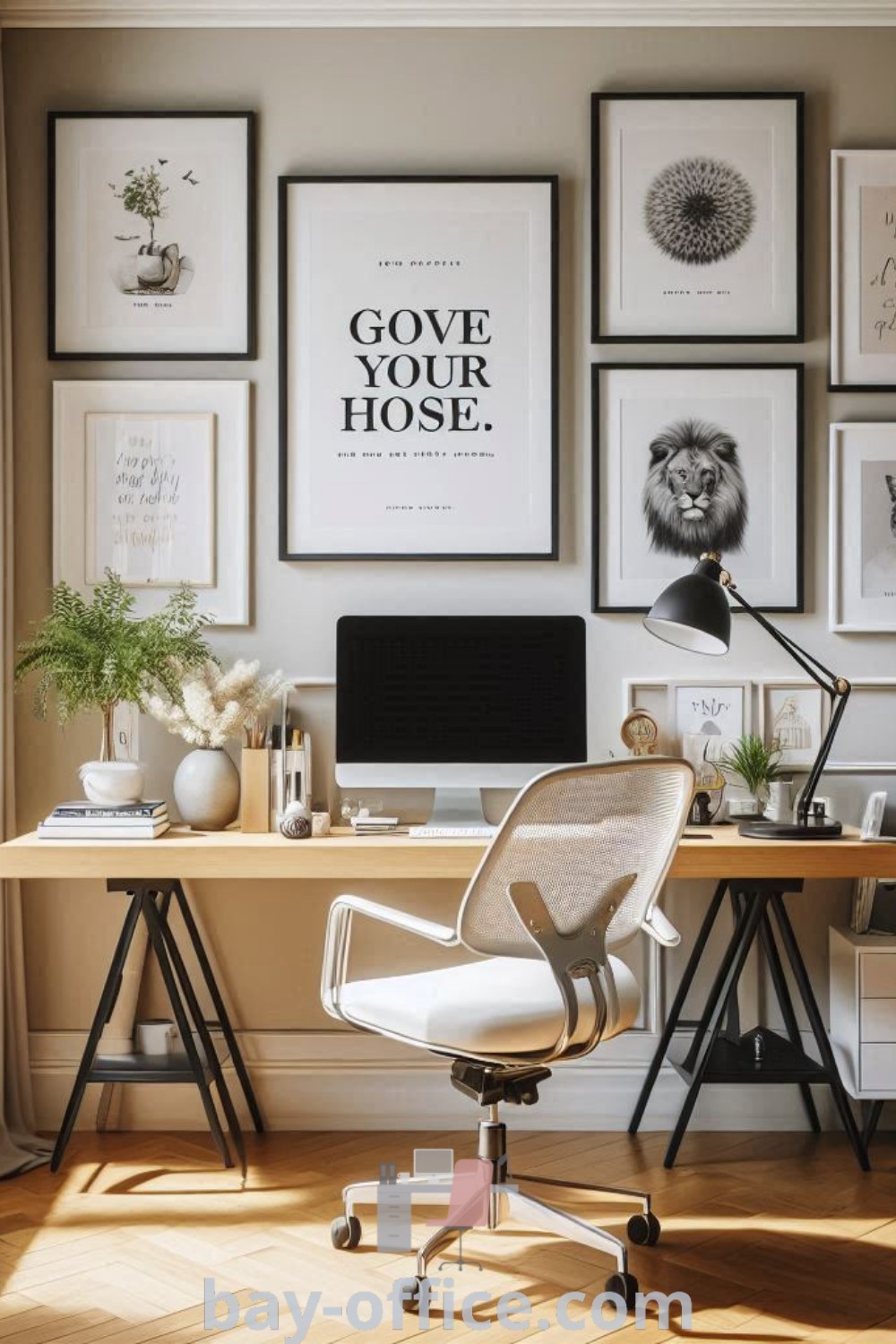 A cozy Nordic home office featuring posters on the wall, showcasing inspiring decor ideas for small spaces. This design trend combines aesthetics with functionality, perfect for enhancing productivity while providing a comfortable work-from-home experience. Find more inspiration at bay-office.com.
