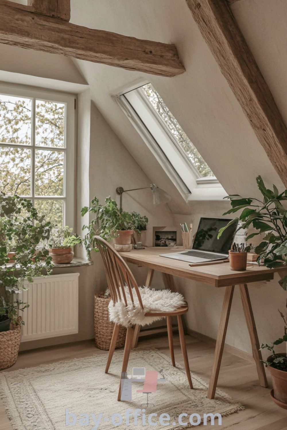 Scandinavian home office featuring soft beige tones, a polished oak desk, rustic wooden beams, and potted plants, designed to inspire productivity and relaxation. A cozy aesthetic that helps make working from home enjoyable. Discover more inspiring ideas at bay-office.com.