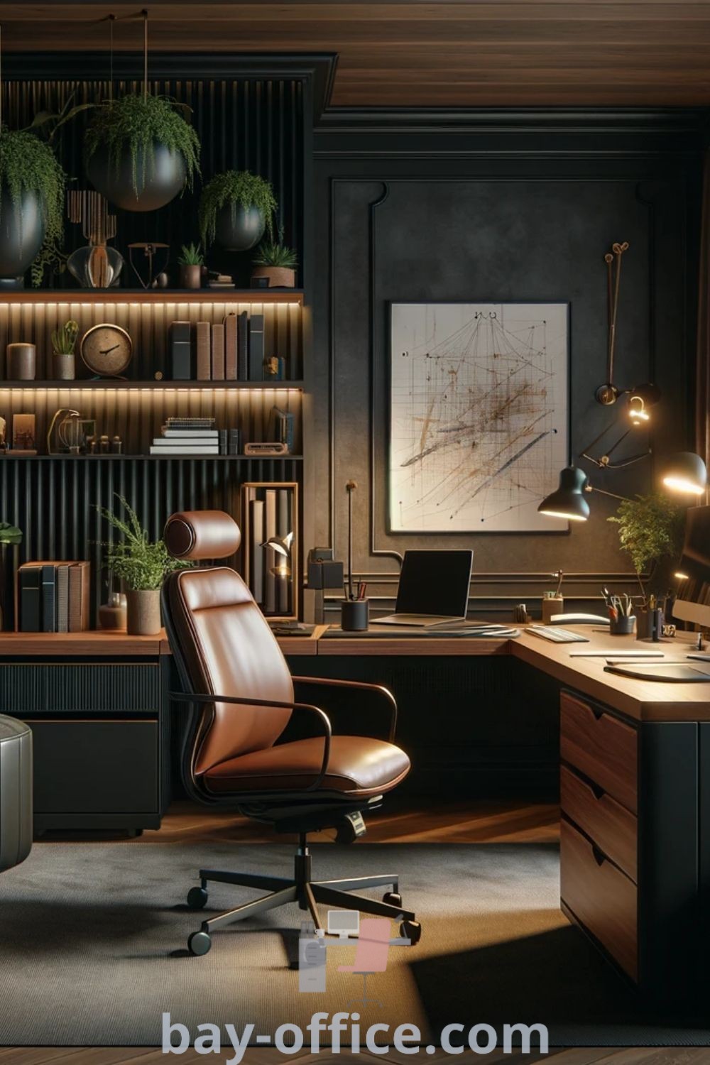Masculine home office featuring a stylish desk, chair, and shelves adorned with potted plants. This setup showcases basement home office ideas for men, offering perfect cozy aesthetic and design tips for creating a dream workspace. Discover inspiring decor ideas for small spaces at bay-office.com.