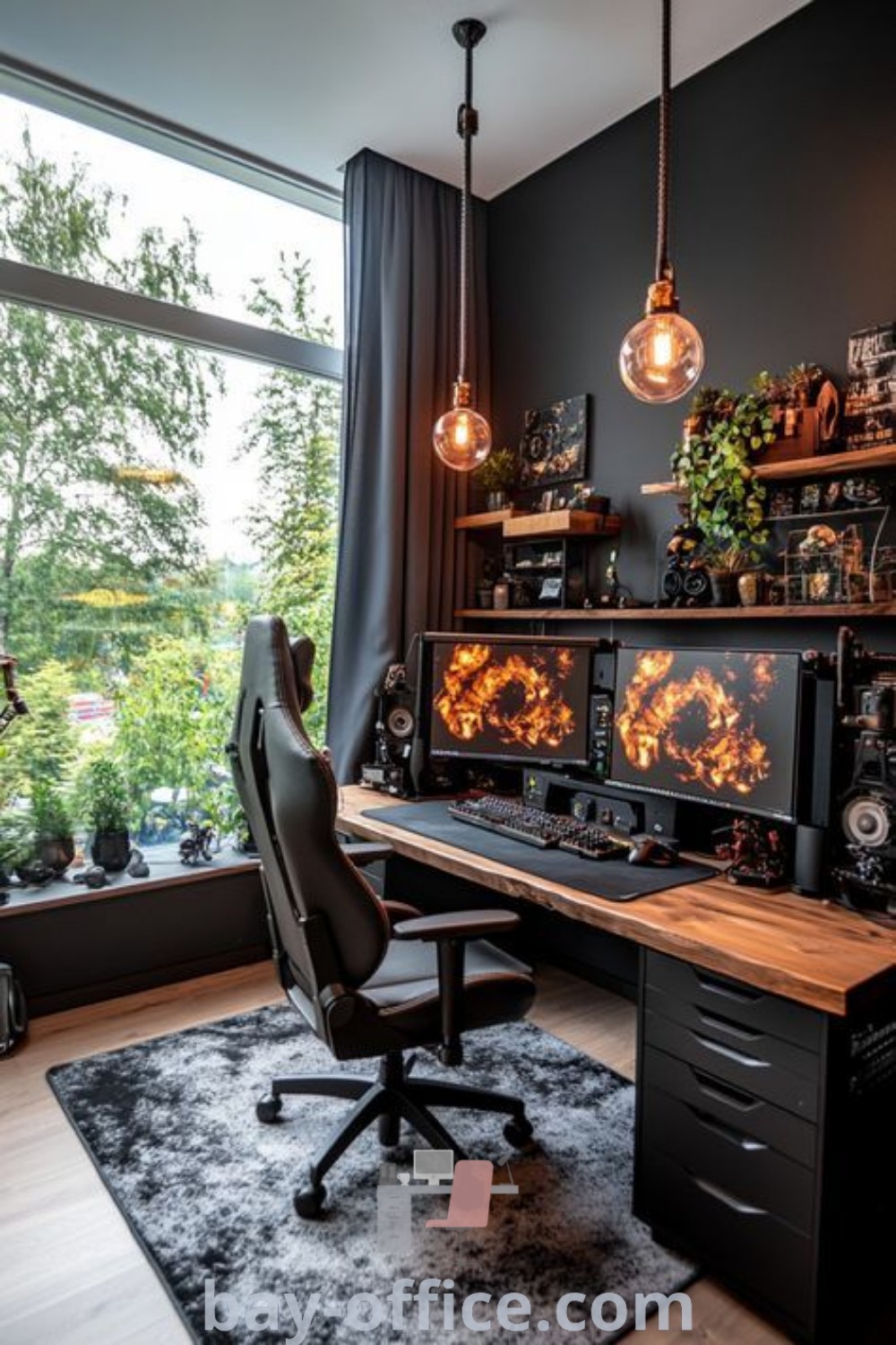 A modern black home office with abundant lighting, large windows, and ergonomic design, showcasing inspiring decor ideas for small spaces and home office setups. Elevate your work-from-home experience with stylish and functional design trends at bay-office.com.