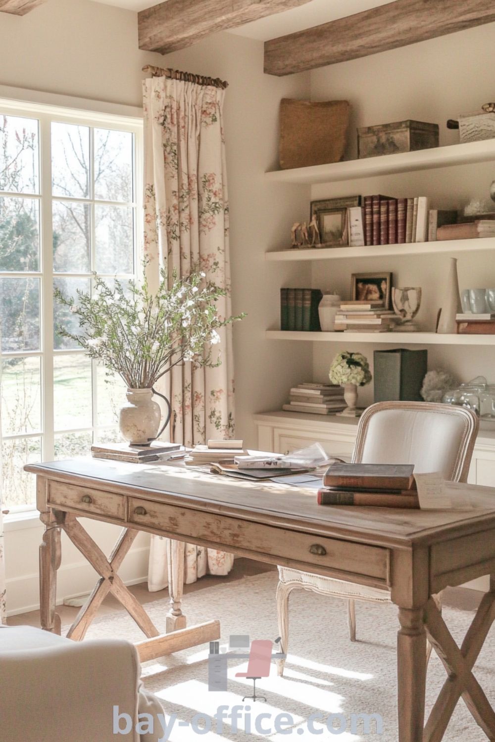 Elegant French country home office featuring cream walls, oak desk, cozy armchairs, and vintage decor, designed to inspire creativity and calm. Discover design trends and cozy aesthetic ideas at bay-office.com.