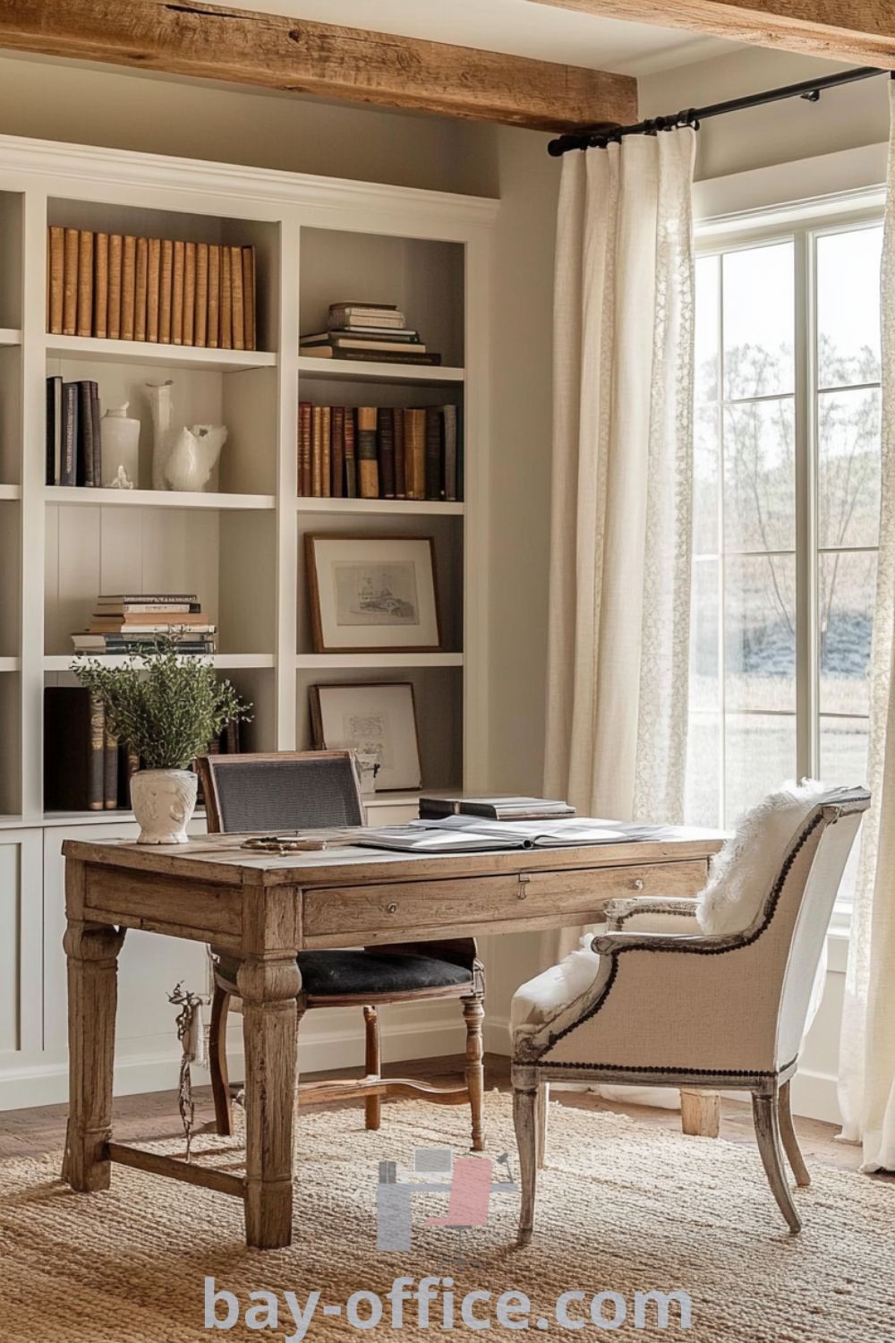 Elegant French country home office featuring cream walls, distressed wooden beams, an oak desk on a jute rug, vintage chair, and lace curtains, creating a cozy and inspiring atmosphere. Discover decor ideas for small spaces and design tips that will make you love working from home at bay-office.com.