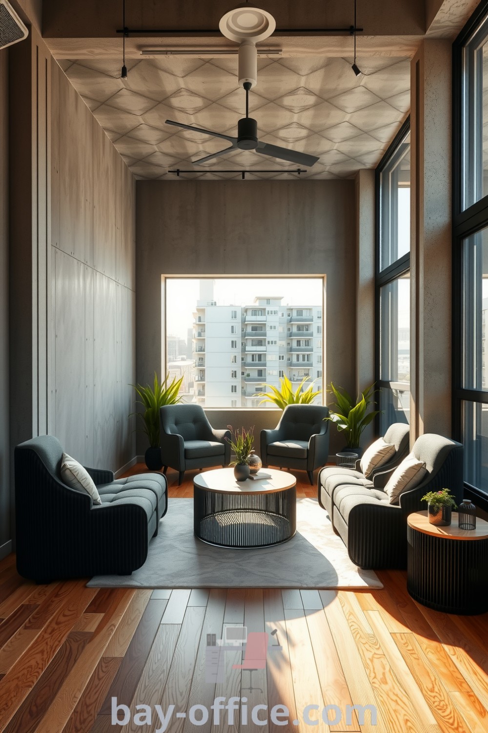 Minimalist corporate office featuring black metal furniture, warm wooden flooring, and large windows, designed to inspire productivity and comfort while enhancing creativity. Explore more decor ideas at bay-office.com.