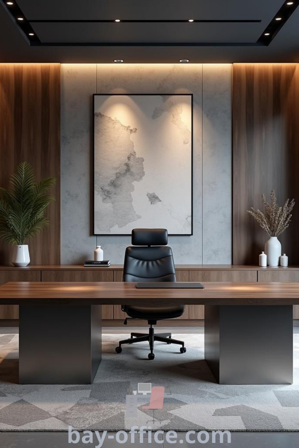 Masculine office featuring a large painting, concrete desk, and dark walnut desk, showcasing modern masculine office ideas and inspiring decor for a productive workspace. Explore more decor ideas for small spaces at bay-office.com.