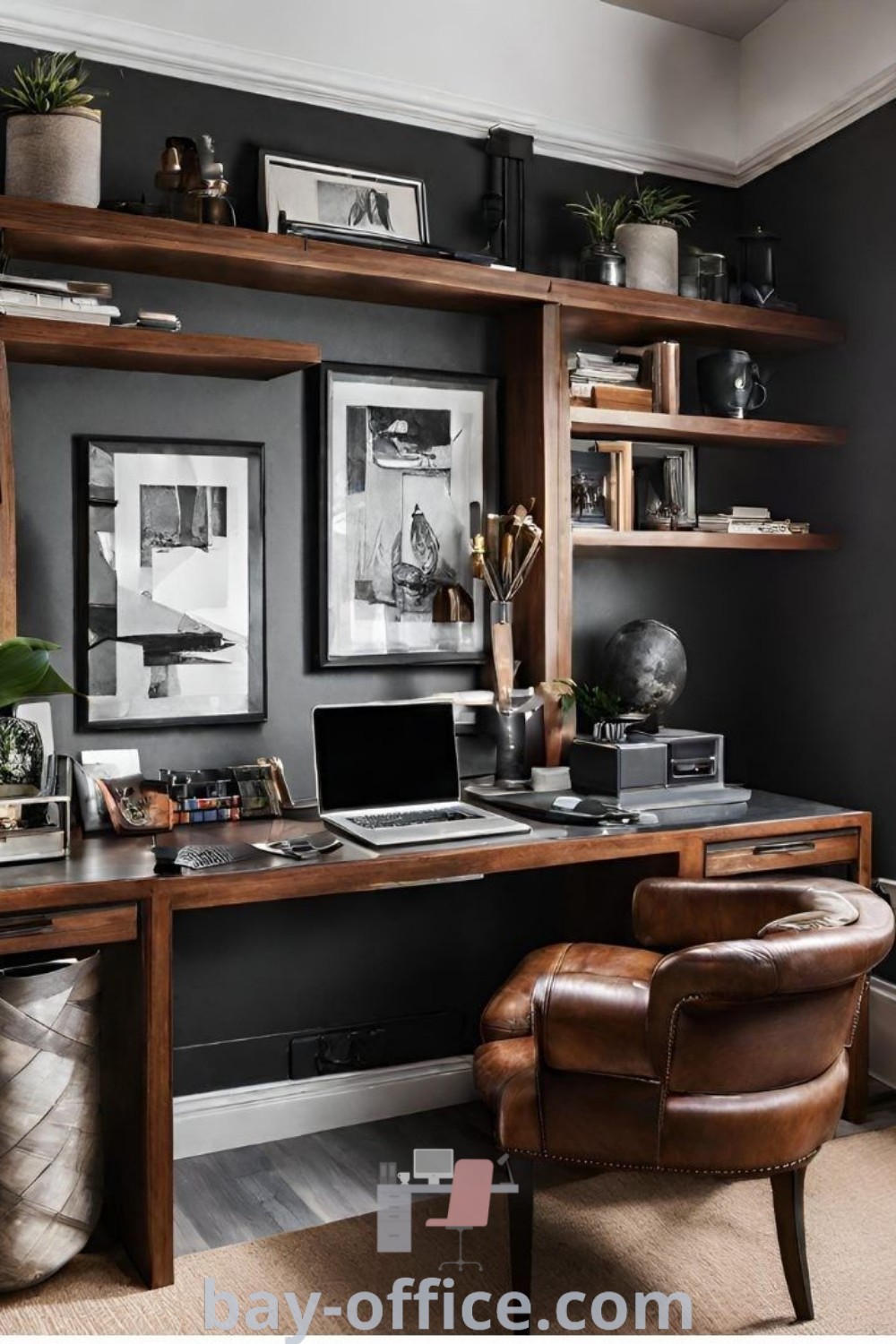 Home office with black walls, wooden shelving, leather chair, and desk, featuring inspiring masculine decor ideas. Discover cozy aesthetics and small home office design tips that enhance productivity at bay-office.com.