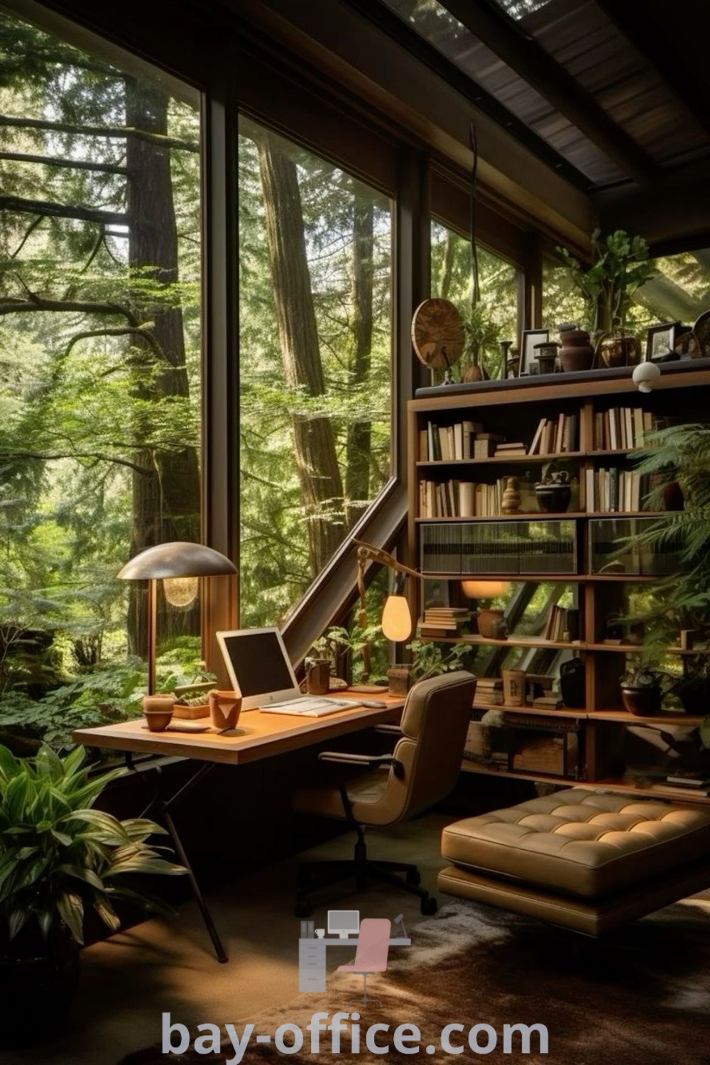 Home office with plants and bookshelves in front of large windows, creating a cozy aesthetic perfect for productivity. Ideal decor ideas for small spaces, featuring rustic charm and inviting decor. Explore design trends at bay-office.com.