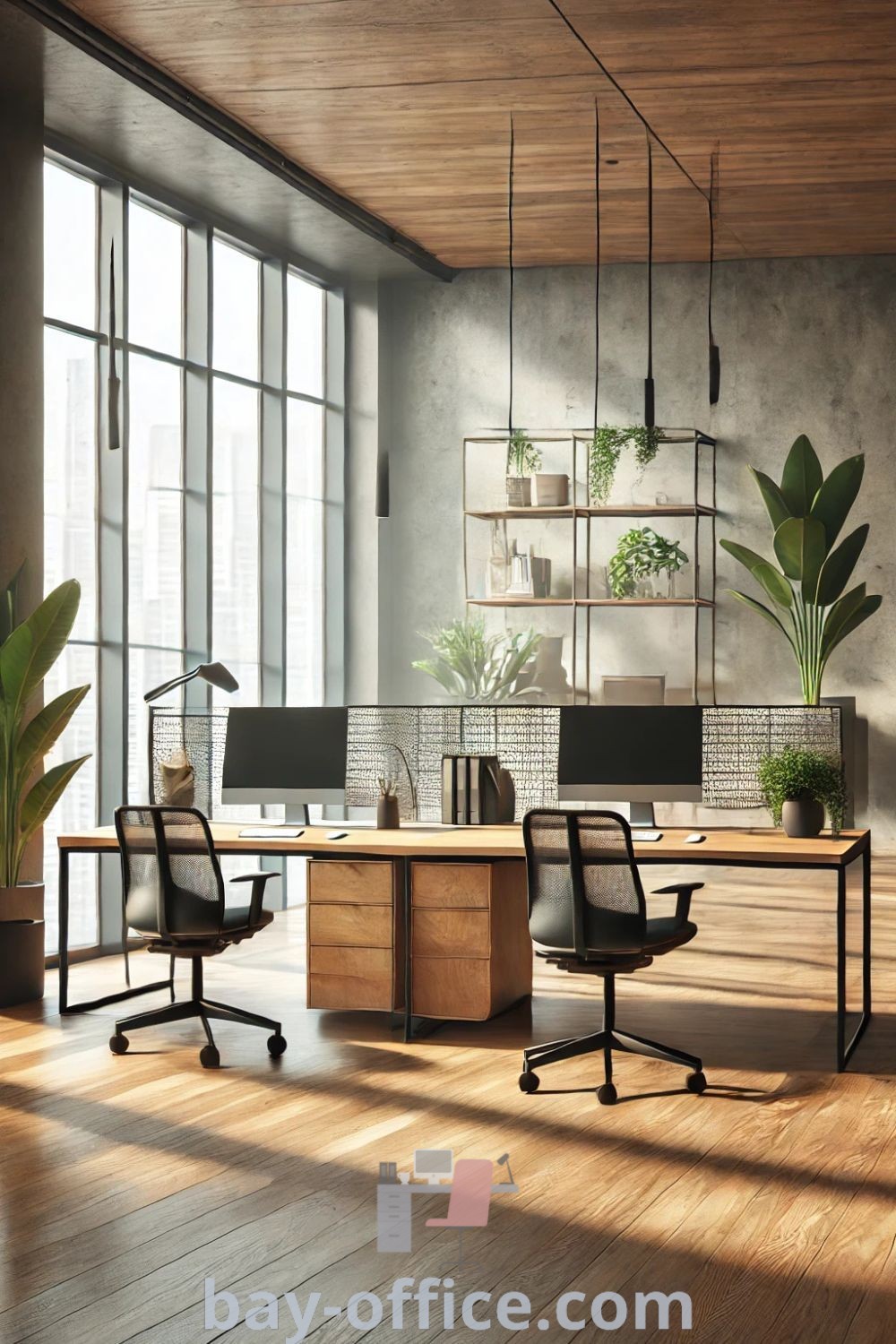 Biophilic office design with two desks and chairs by large windows featuring plants, showcasing inspiring decor ideas for productivity and comfort. Discover effective office space design at bay-office.com.
