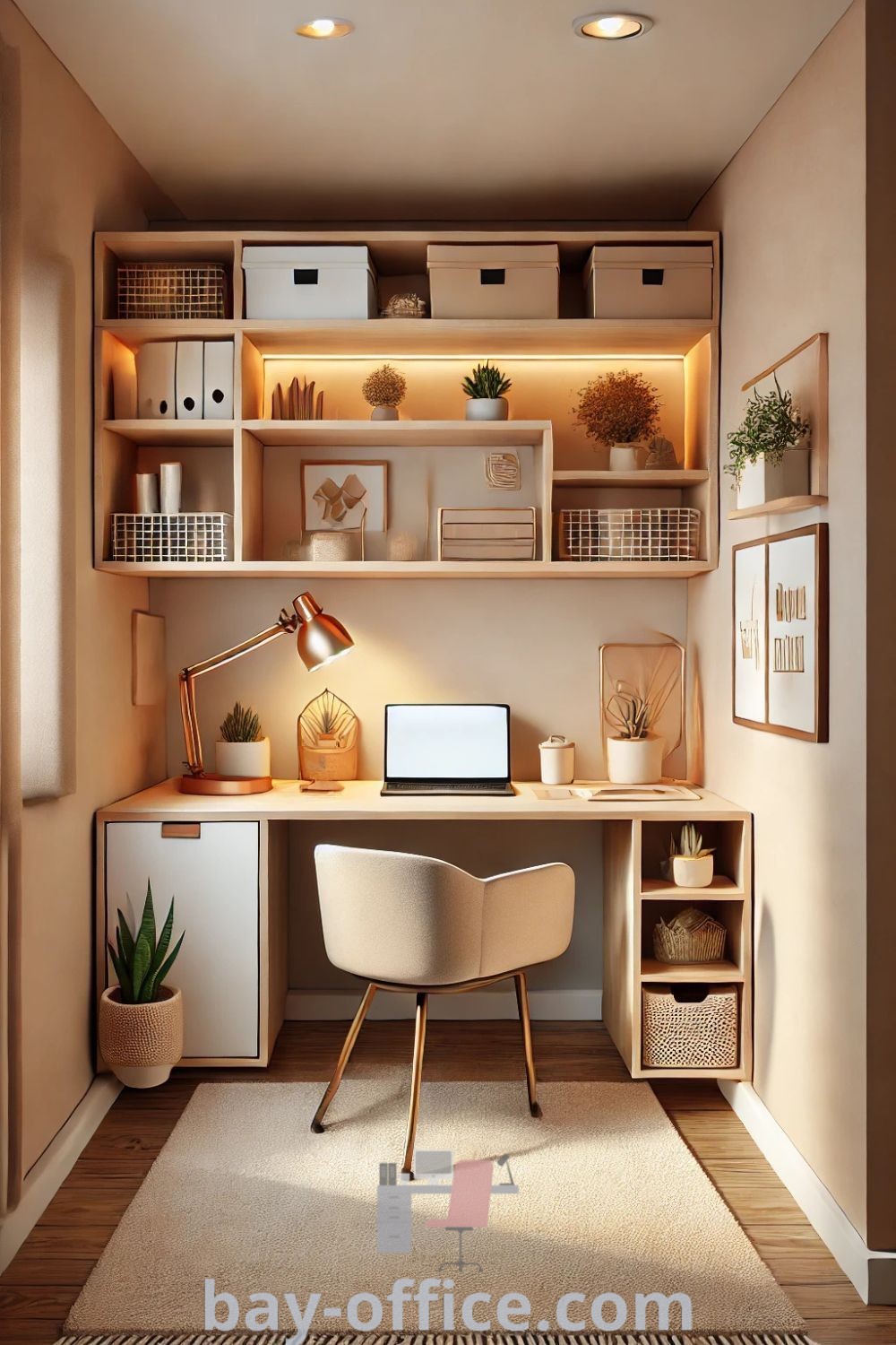 Modern home office with white furniture, beige rug, and ample shelving, showcasing functional home office ideas. Explore design tips and cozy aesthetics for small spaces that inspire productivity at bay-office.com.