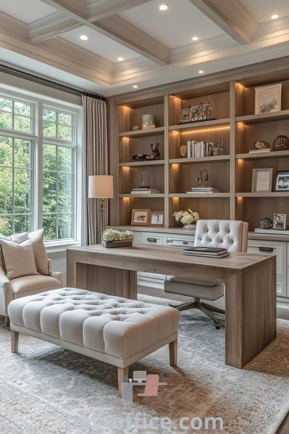 Elegant home office featuring built-in shelving, free-standing desk, and cozy seating area by the window. Perfect for inspiring productivity and organizing your workspace. Discover more decor ideas for small spaces at bay-office.com.