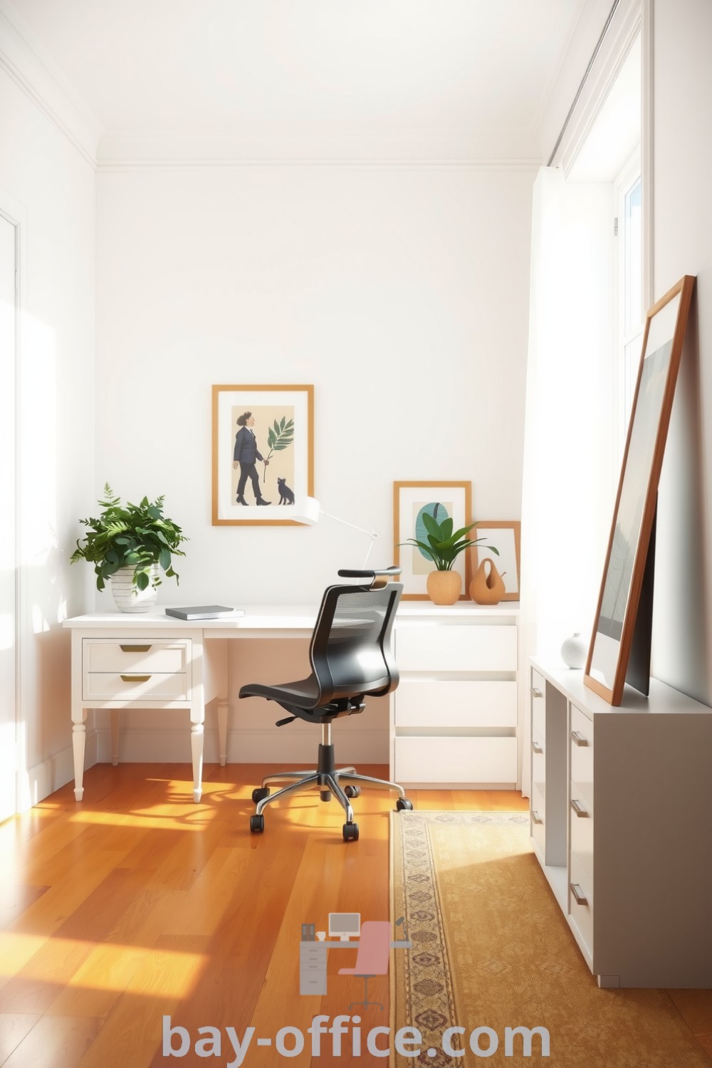 Minimalist home office featuring a wooden desk, ergonomic chair, natural light, and artwork, designed to promote productivity in a cozy environment. Discover inspiring decor ideas for small spaces at bay-office.com.