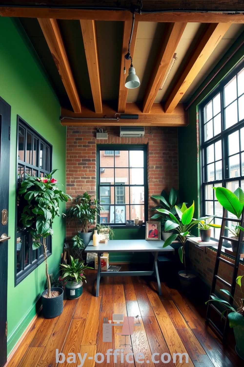 Loft home office featuring green accents, large windows with urban views, reclaimed wooden beams, and a rustic wood floor, creating a cozy aesthetic that inspires productivity. Explore design trends and ideas you
