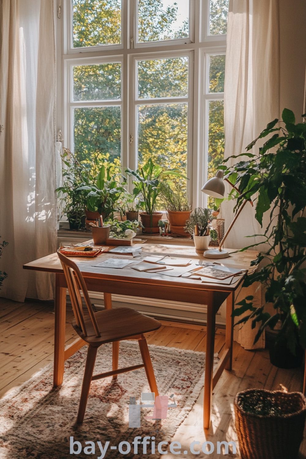 Scandinavian home office featuring soft beige walls, a natural wood desk, large windows, and potted plants, designed to inspire productivity in a cozy environment. Ideal for anyone seeking design tips and decor ideas for small spaces. Explore more ideas at bay-office.com.