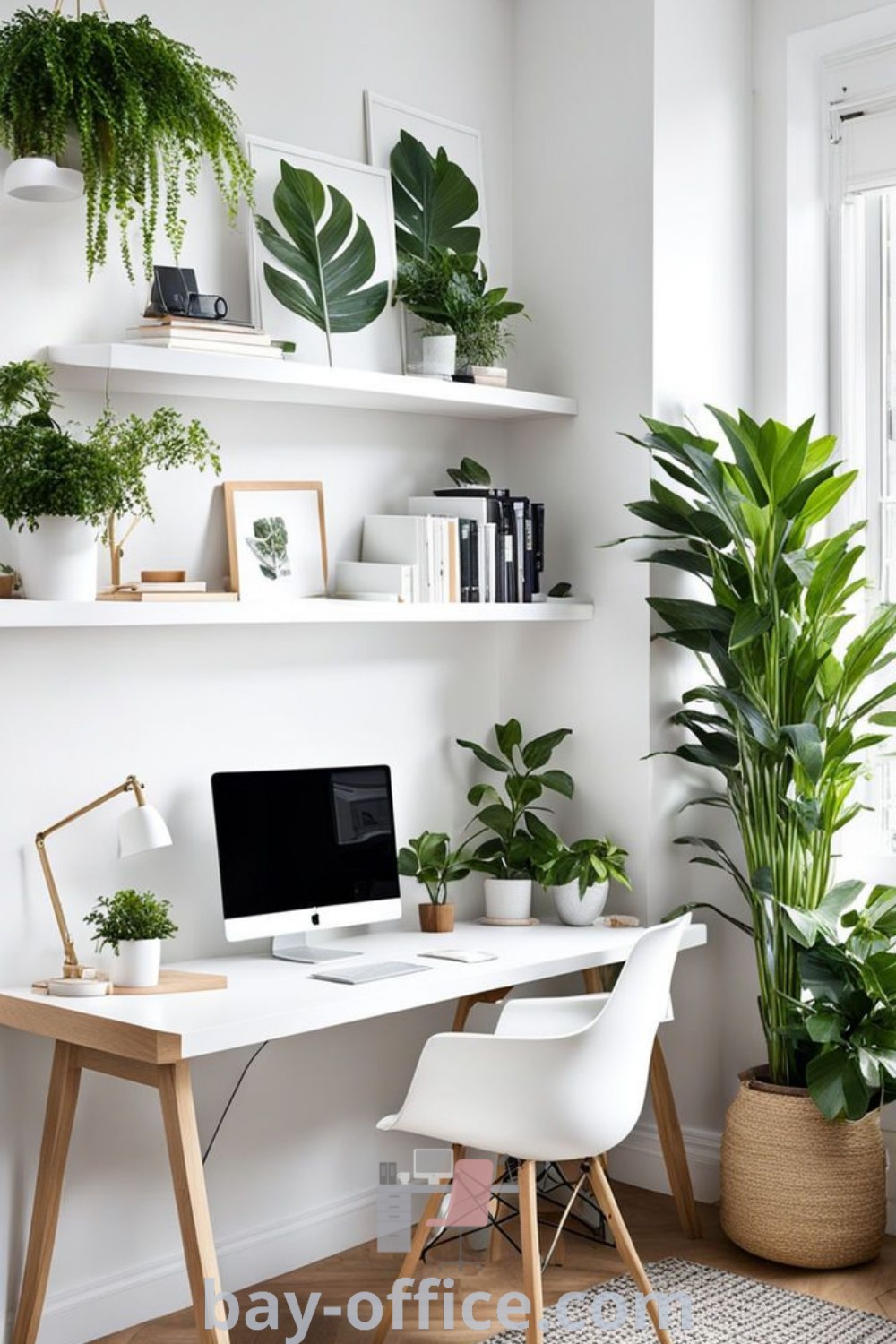 A stylish white desk topped with a computer and a green plant against a bright background. This Scandi office decor represents minimalist design trends, offering cozy aesthetic and functional benefits for home or apartment settings. Discover inspiring decor ideas that will enhance your workspace at bay-office.com.