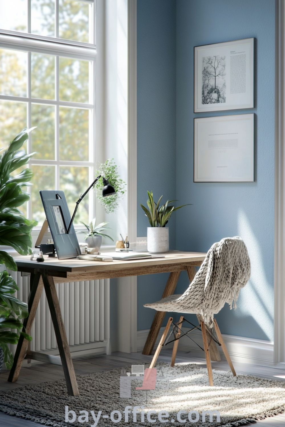 Scandinavian home office with soft blue walls, a light wooden desk, and cozy textiles, creating a warm atmosphere ideal for productivity. A perfect blend of wood and metal textures, designed to inspire creativity and comfort. Discover more at bay-office.com.