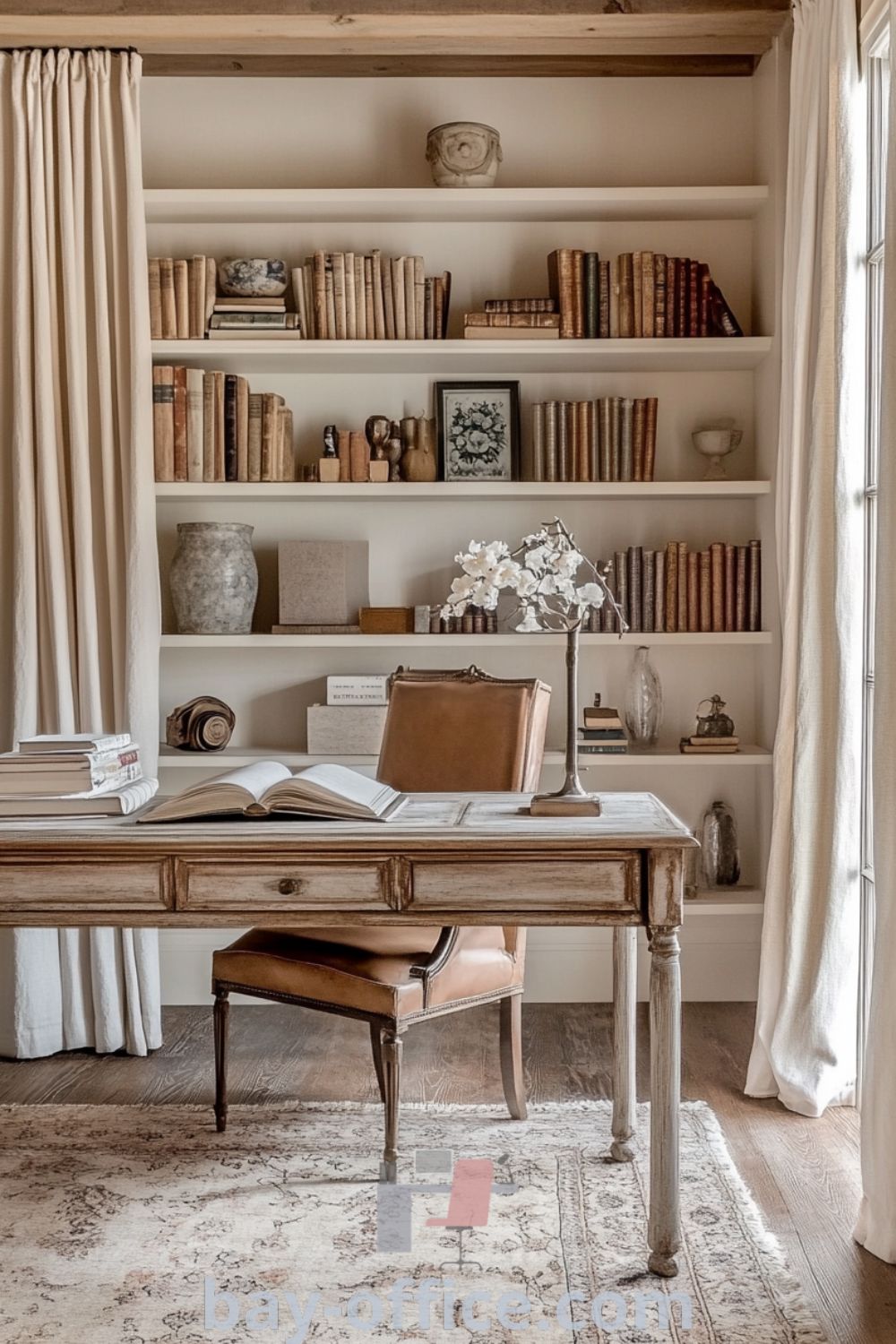Elegant French country home office featuring a weathered wooden desk, vintage leather chair, and soft afternoon light through sheer drapes, creating a cozy atmosphere. Discover more inspiring decor ideas for small spaces and productivity at bay-office.com.