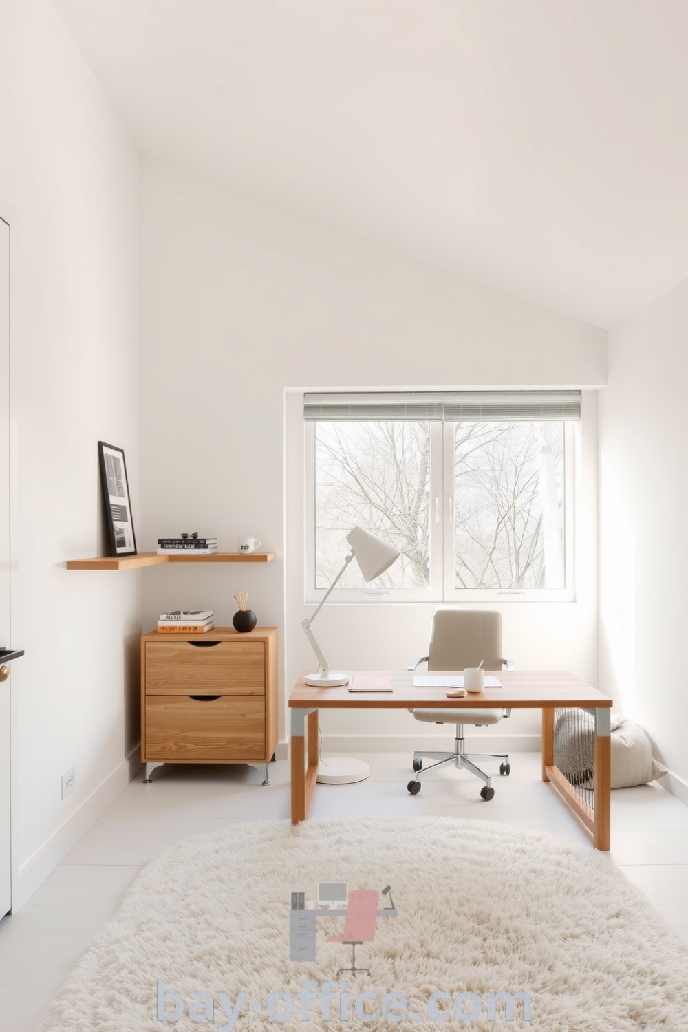 Minimalist home office featuring white walls, a simple wooden desk, natural light, and cozy decor, creating a tranquil space for productivity and inspiration. Discover more design ideas at bay-office.com.