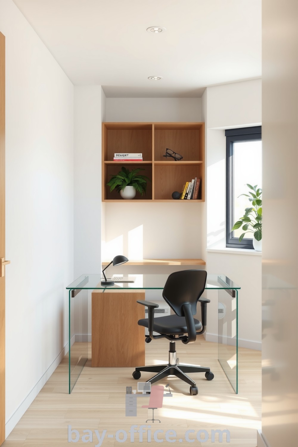 Minimalist corporate office featuring white walls, light wooden accents, a glass desk by a window, and simple shelving with plants and books, designed to inspire productivity and calmness. Discover more inspiring decor ideas at bay-office.com.