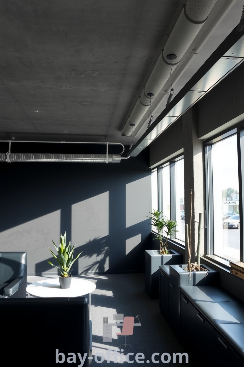 Minimalist corporate office with matte finishes, polished metal accents, textured concrete walls, and potted plants, creating an inviting atmosphere for creativity and collaboration. Explore more inspiring decor ideas at bay-office.com.