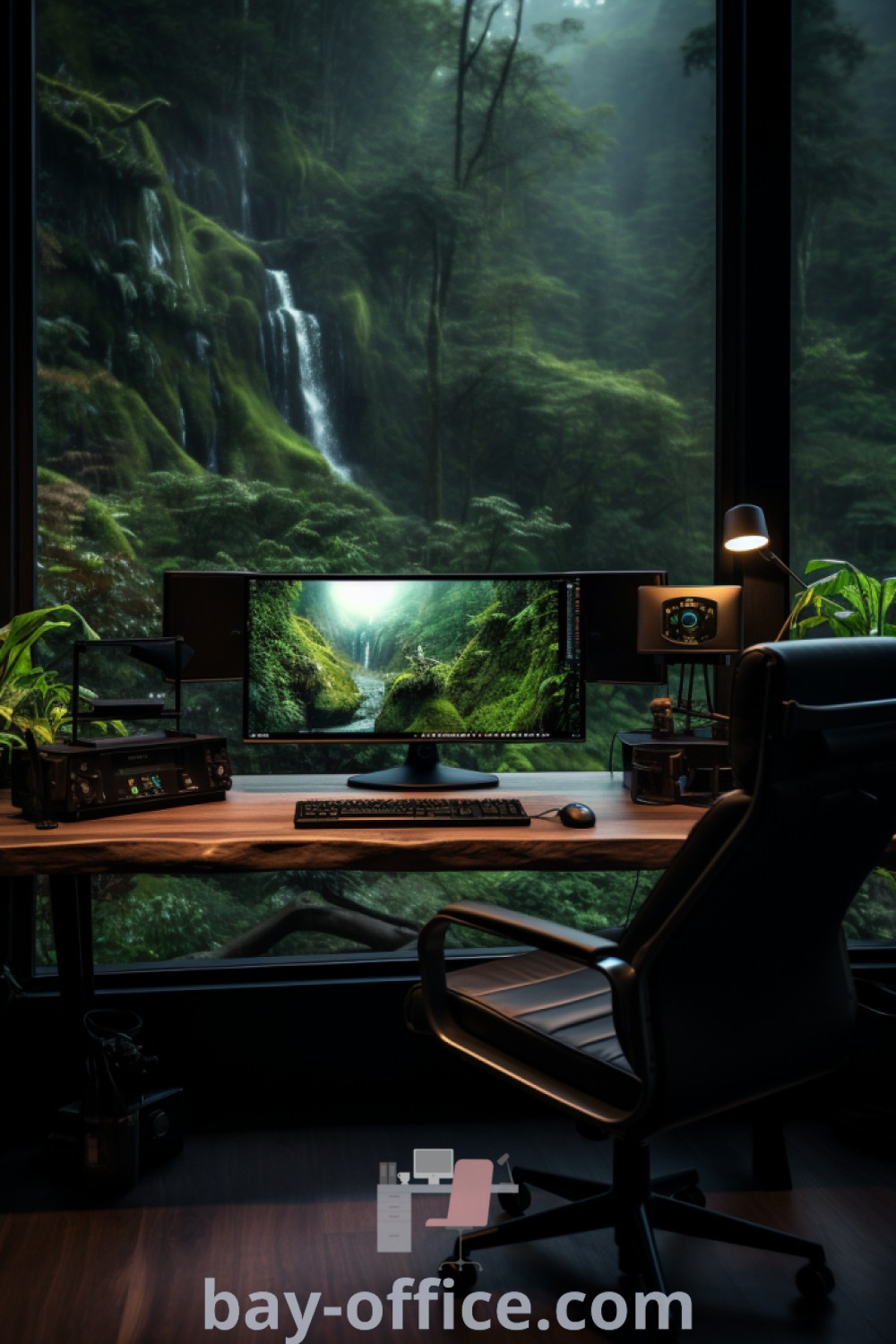 Modern nature-inspired office featuring a desk, chair, and monitor with views of trees in a rainforest. Explore minimalist, industrial home office design trends and ideas for creating an inspiring workspace at bay-office.com.