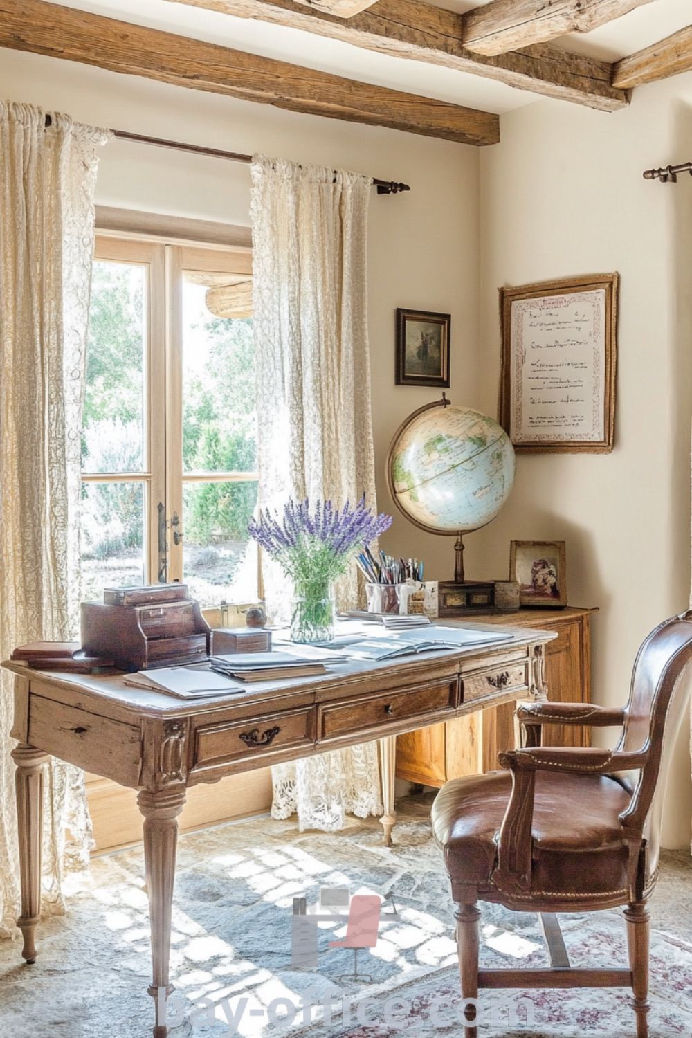 Cozy French country home office featuring soft cream walls, an oak desk adorned with handwritten notes and lavender, and vintage accents, designed to inspire productivity in a serene and inviting atmosphere. Discover more inspiring decor ideas for small spaces at bay-office.com.
