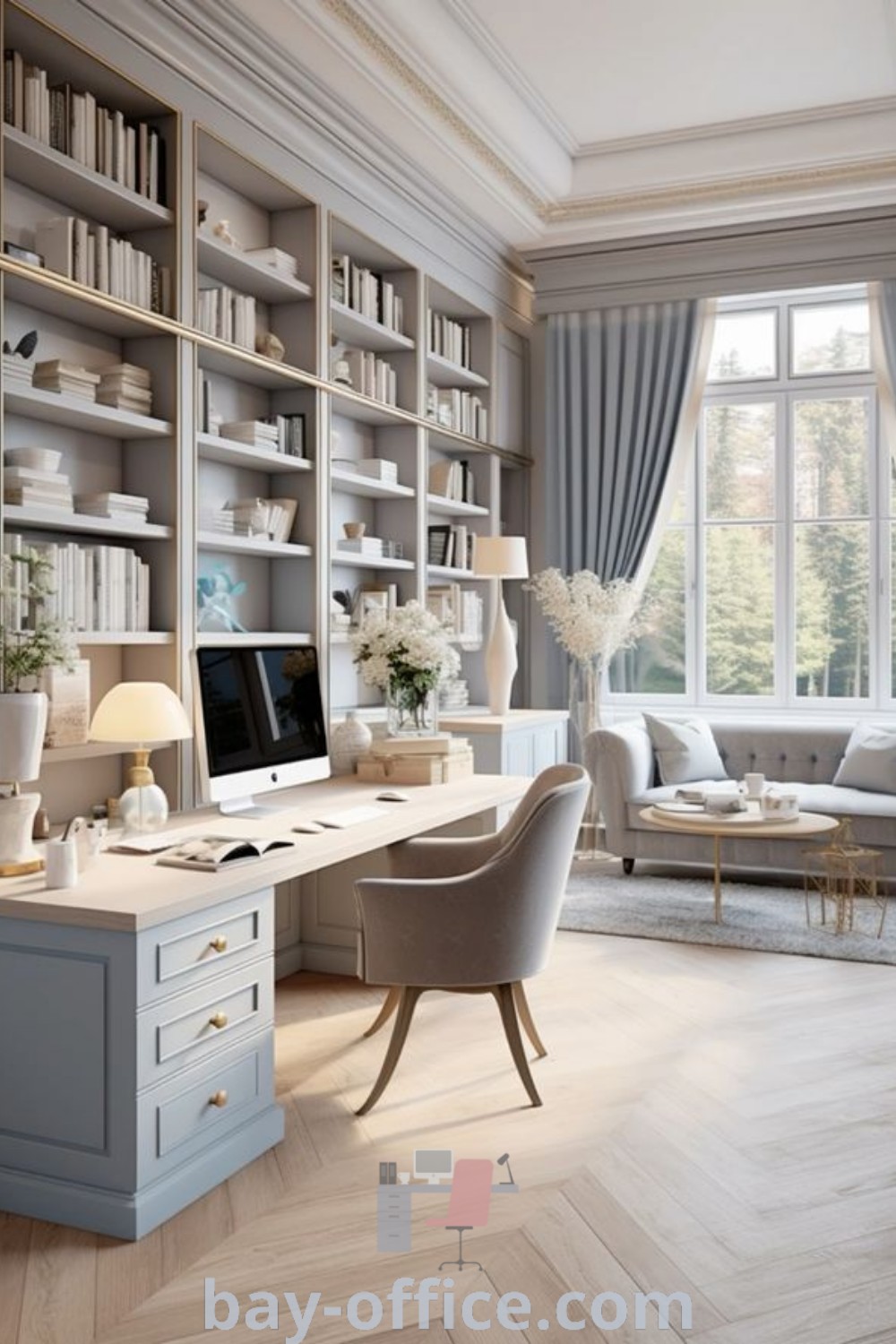 Chic home office featuring built-in bookshelves, a stylish desk, and inviting decor ideas that enhance productivity. Perfect for a classy study room, this design showcases ideas that inspire and elevate your work-from-home experience. Explore more design tips at bay-office.com.
