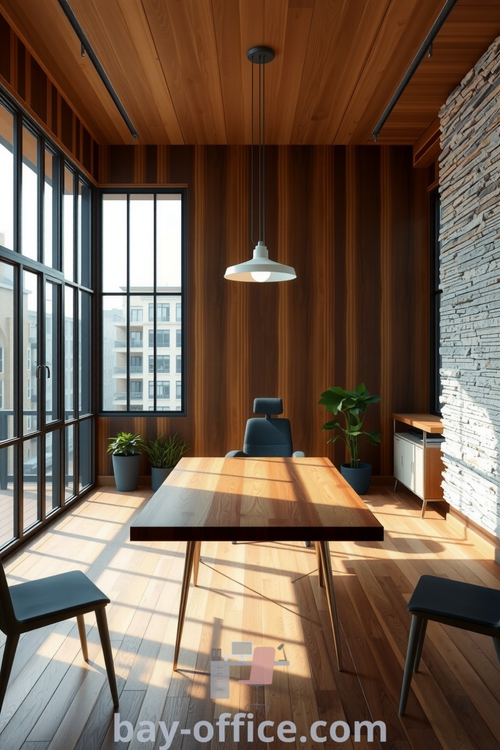Minimalist corporate office featuring warm brown tones, natural light, oak desk, and greenery, designed to inspire collaboration and productivity in a cozy aesthetic. Explore more decor ideas at bay-office.com.