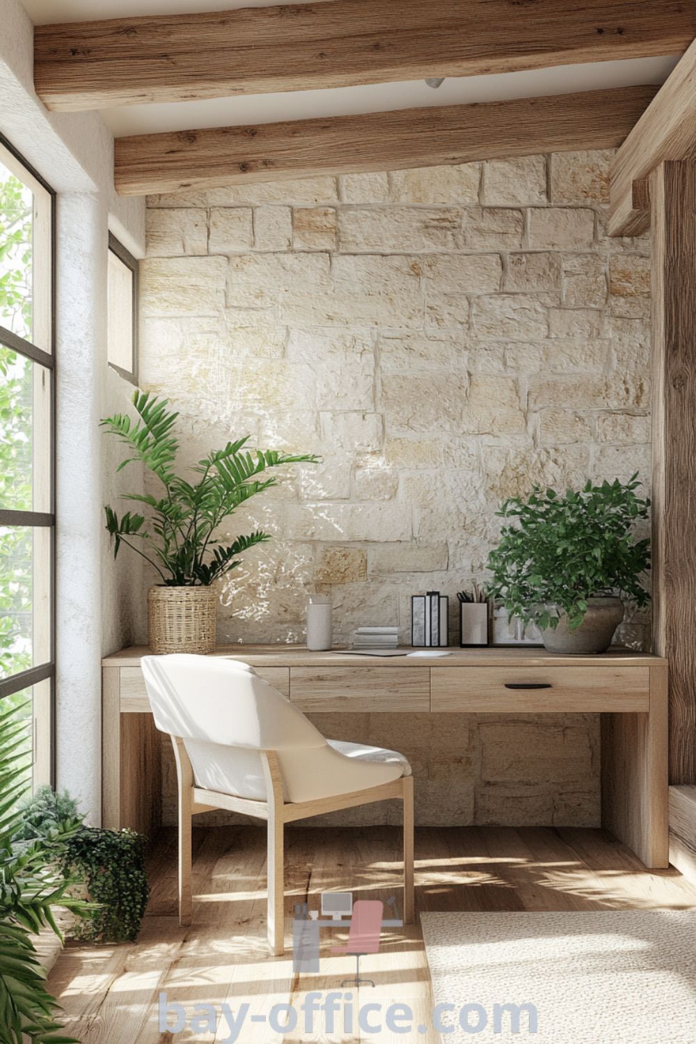 Nature-inspired home office featuring soft pink hues, exposed wooden beams, and a rustic stone wall. Large windows showcase views of greenery, creating a tranquil atmosphere ideal for productivity. Explore more cozy decor ideas that inspire productivity at bay-office.com.