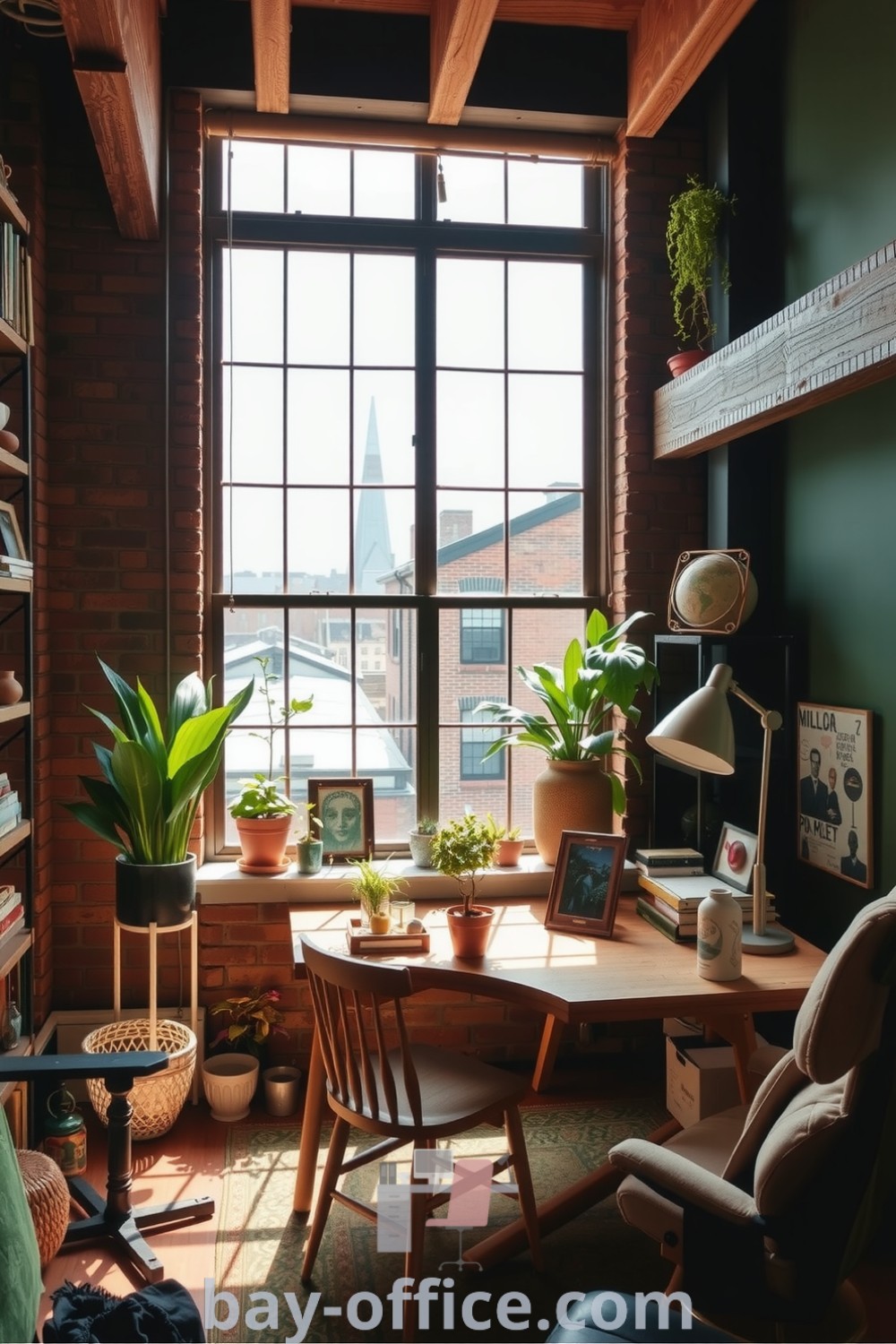 Cozy green-toned loft home office with exposed brick walls and reclaimed wood beams, showcasing a large window, wooden desk, and potted plants. A perfect blend of rustic charm and modern comfort, inspiring productivity and creativity. Explore more at bay-office.com.