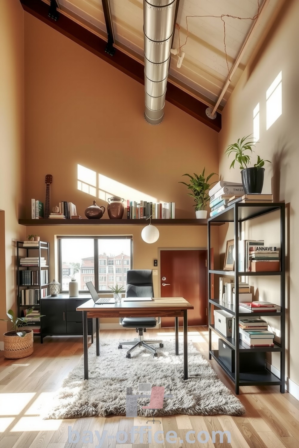 Cozy loft home office with beige walls, industrial accents, rustic wooden desk, and large windows that invite natural light. A warm and stylish workspace designed to inspire productivity and comfort. For more design tips and ideas you