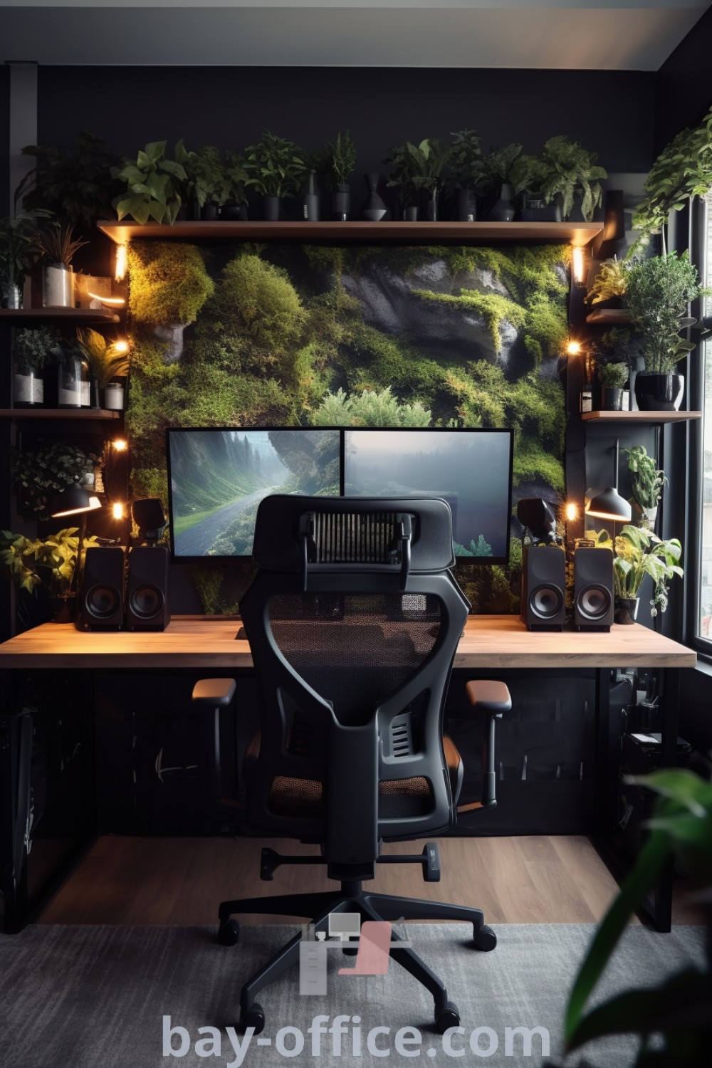Stylish black office design with a computer desk, two monitors, and a plant-filled wall. Discover minimalist office ideas and design tips that inspire productivity at bay-office.com.