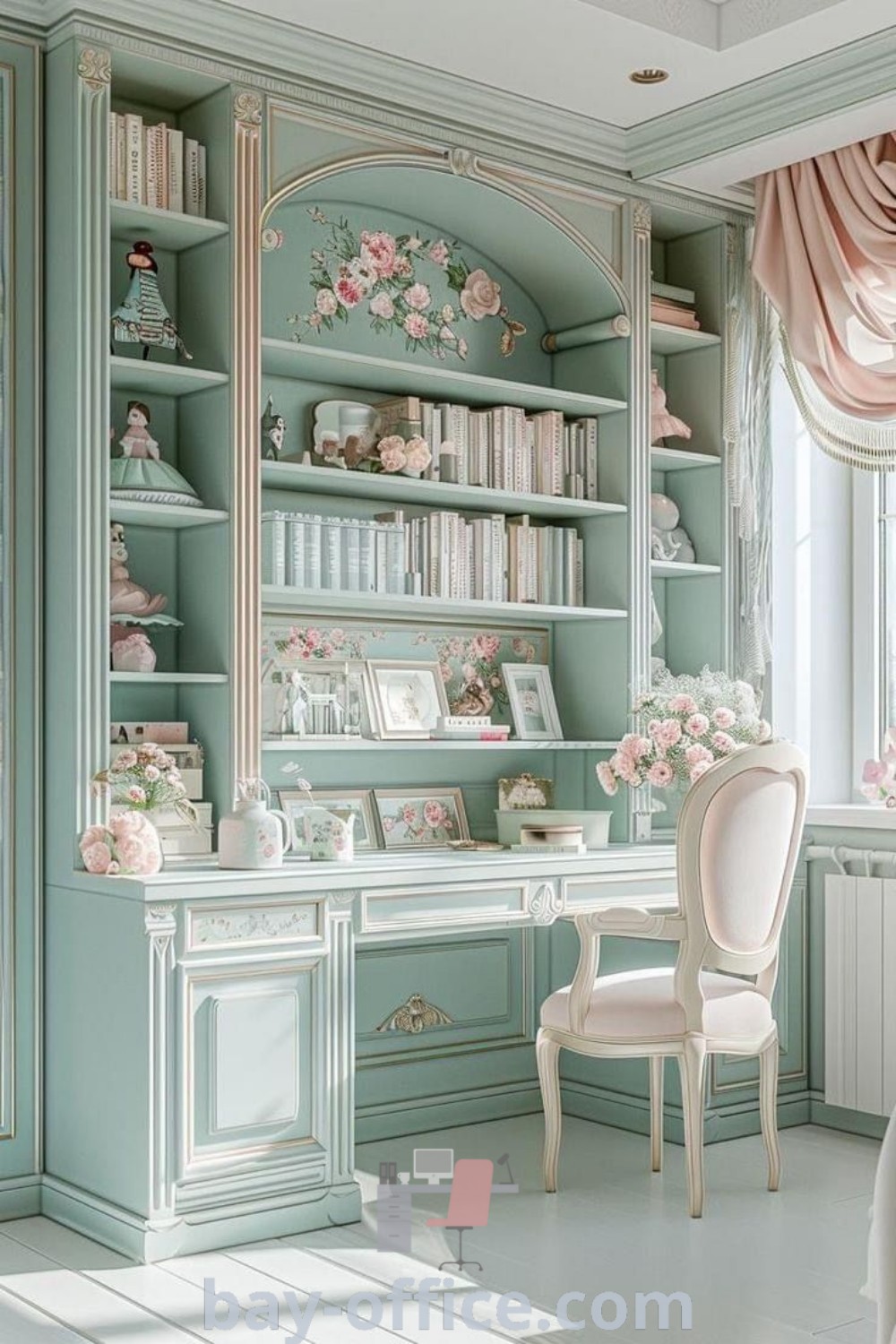 Shabby chic home office decorated in pastel blue and pink tones with home built bookshelves and flowers. Discover cozy design tips and decor ideas for small spaces that inspire productivity at bay-office.com.