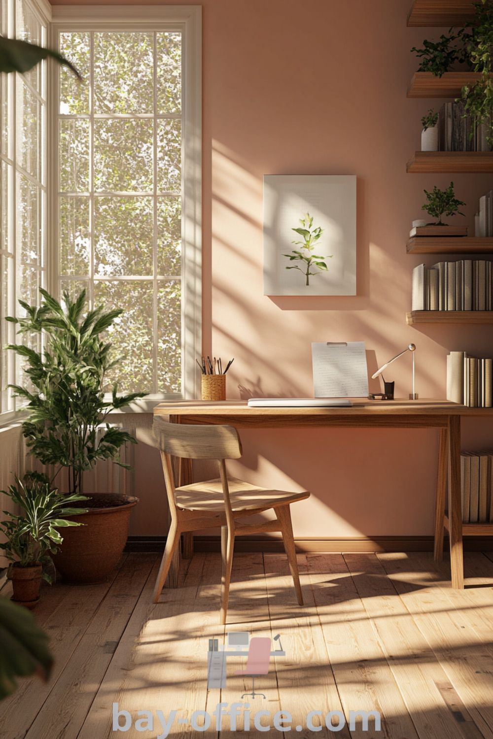 Cozy Scandinavian home office with soft pink walls, wooden desk, comfortable chair, and potted plants, designed to inspire productivity and relaxation. Aesthetic ideas for creating a serene workspace can be found at bay-office.com.