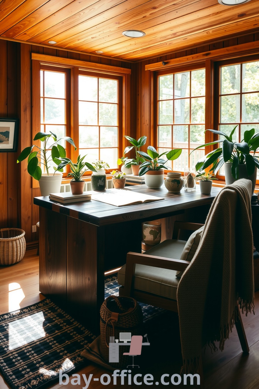 Nature-inspired home office featuring a reclaimed wood desk, large windows with sunlight filtering through, and potted plants, aiming to create a cozy aesthetic that inspires productivity. Explore decor ideas for small spaces at bay-office.com.