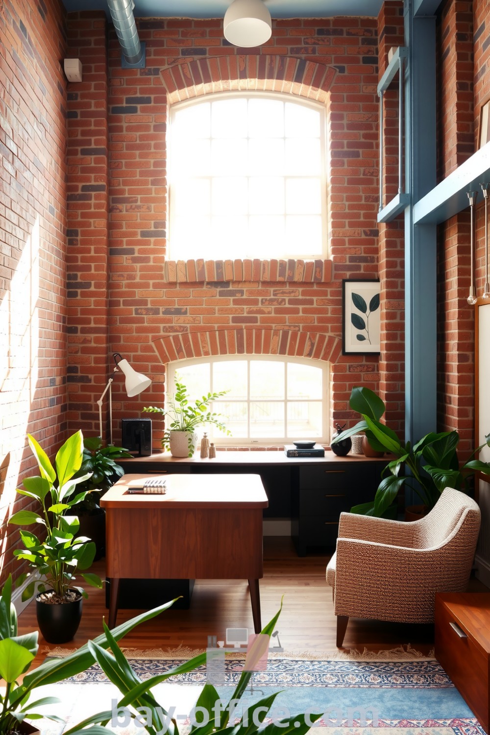 Loft home office featuring exposed brick walls, light blue accents, wooden desk, cozy armchair, and green plants, designed for a tranquil and inspiring workspace. Perfect for productivity and creative ideas. Discover more at bay-office.com.