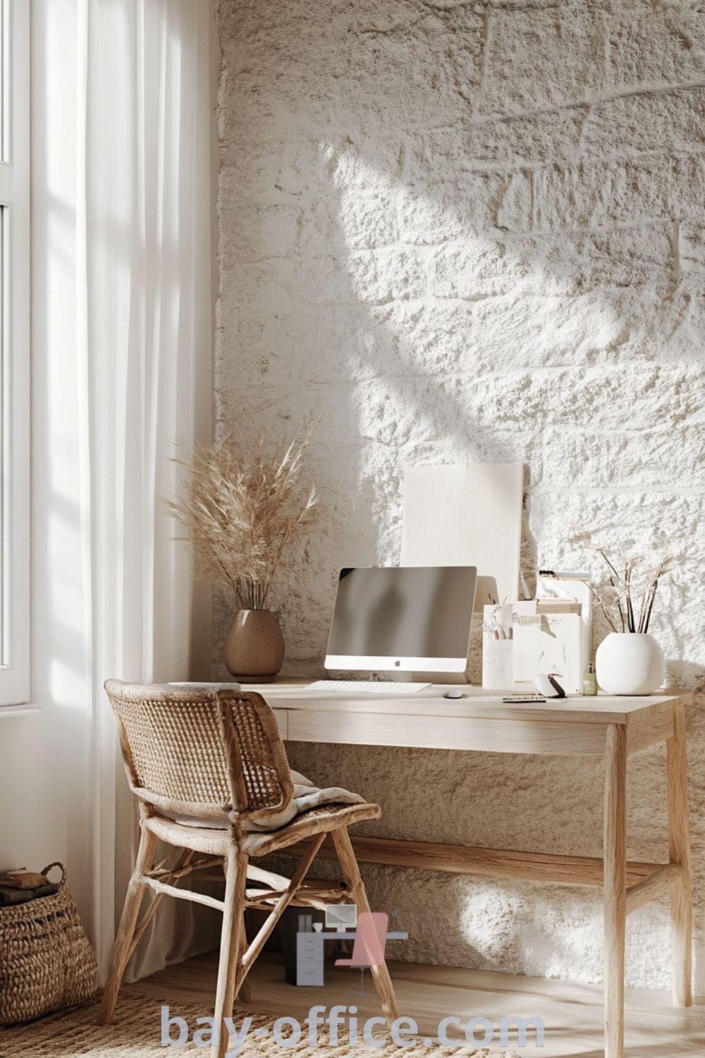 Scandinavian home office featuring soft white walls, a light wooden desk, a cozy woven chair, natural light, potted plants, and a warm rug, designed to inspire productivity and comfort. Explore more cozy aesthetic ideas at bay-office.com.