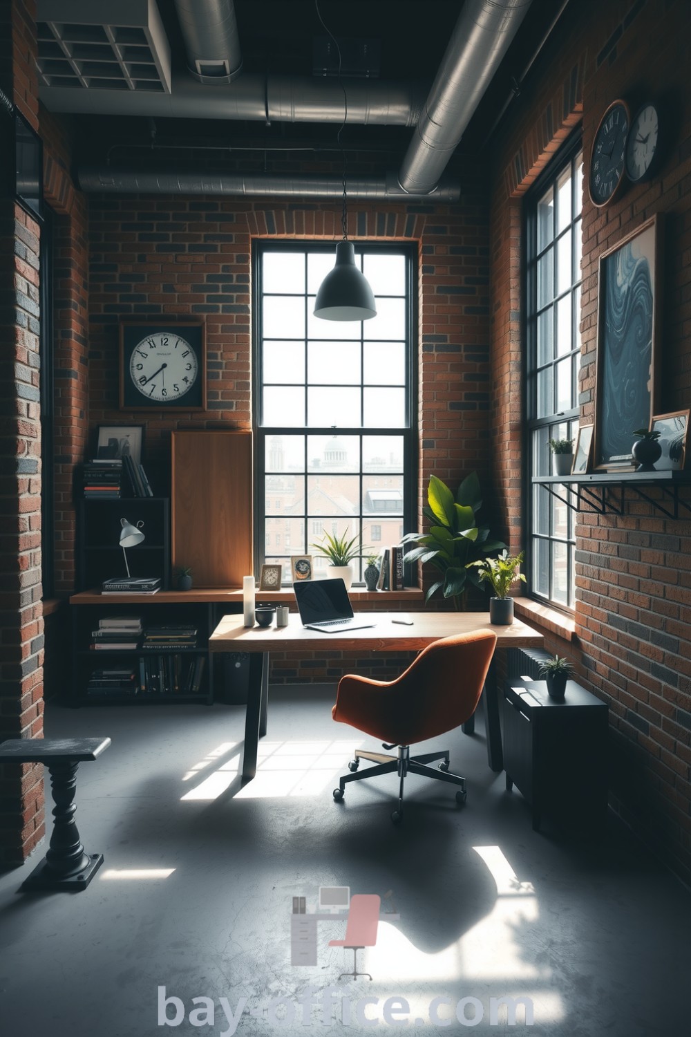 Loft home office with exposed brick walls, reclaimed wood desk, industrial windows, cozy chair, and potted plants, blending rustic charm and modern minimalism to inspire productivity. Discover inspiring decor ideas for small spaces at bay-office.com.